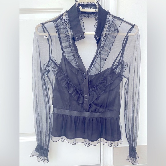 bebe Tops - bebe Black Sheer Ruffle Blouse